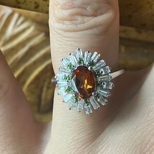 Natural Orange Garnet Chrome Diopside Sterling Silver Cocktail Ring Size 6